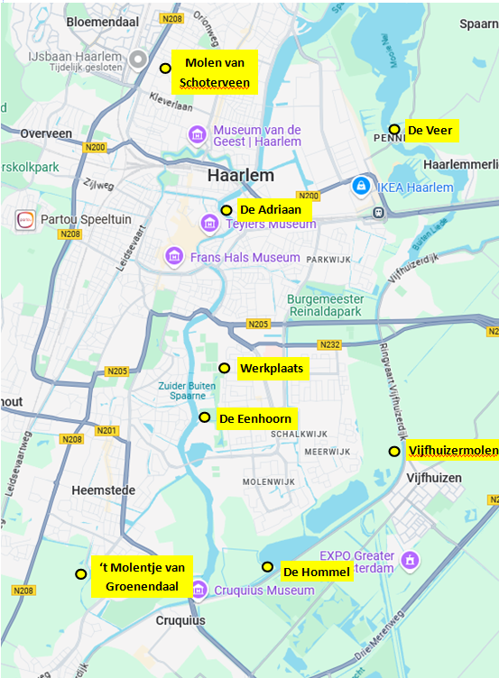 Ligging van de molens en werkplaats
